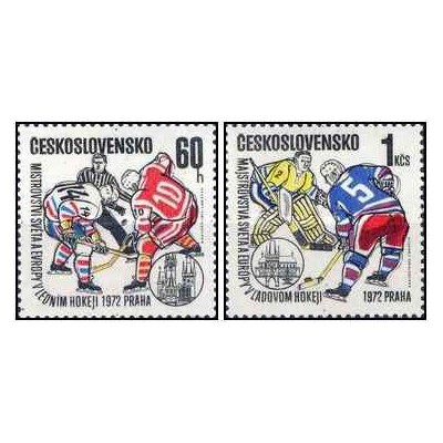 2 عدد  تمبر مسابقات قهرمانی هاکی روی یخ جهان و اروپا، پراگ - چک اسلواکی 1972