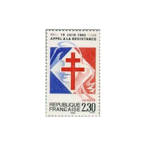 1 عدد تمبر پنجاهمین سالگرد دعوت دوگل به مقاومت - فرانسه 1990