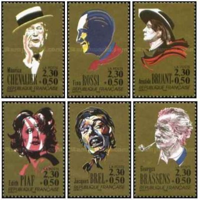 6 عدد تمبر خوانندگان فرانسوی - فرانسه 1990