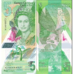 اسکناس پلیمر 5 دلار - تصویر ملکه الیزابت دوم - کارائیب شرقی 2021
