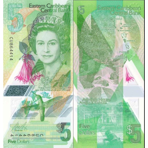 اسکناس پلیمر 5 دلار - تصویر ملکه الیزابت دوم - کارائیب شرقی 2021