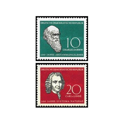 2 عدد  تمبر چارلز داروین (زیست شناس) و کارل فون لینه (پزشک جانورشناس)- جمهوری دموکراتیک آلمان 1958