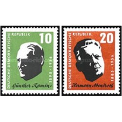 2 عدد  تمبر یکمین سالگرد درگذشت رامین (آهنگساز) و آبندروث (حقوقدان) - جمهوری دموکراتیک آلمان 1957