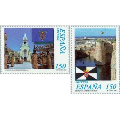 2 عدد تمبر سومین سالگرد اساسنامه خودمختاری سوتا و ملیلا - اسپانیا 1998