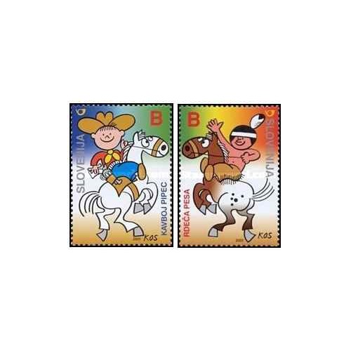 2 عدد تمبر کاراکترهای کمیک استریپ - با دندانه - اسلوونی 2001