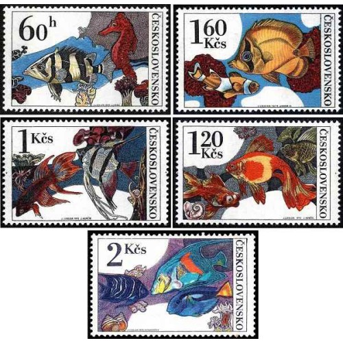 5 عدد  تمبر ماهیهای آکواریومی - چک اسلواکی 1975