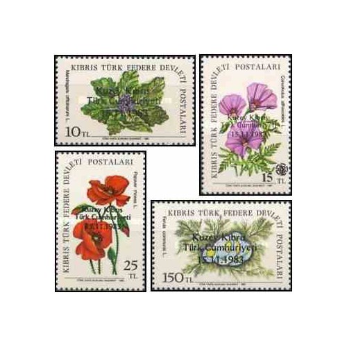 4 عدد تمبر تاسیس جمهوری قبرس ترکیه - سورشارژ روی گلها - قبرس ترکیه 1983 قیمت 5 دلار