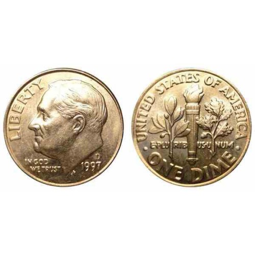 سکه 10 سنت - نیکل مس - D - آمریکا 1997 غیر بانکی