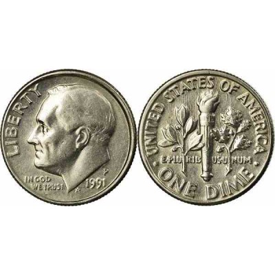 سکه 10 سنت - نیکل مس - P - آمریکا 1991 غیر بانکی