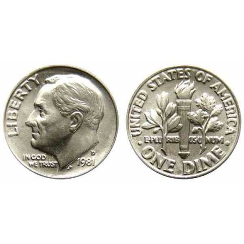 سکه 10 سنت - نیکل مس - D - آمریکا 1981 غیر بانکی سکه 10 سنت - نیکل مس - D - آمریکا 1981 غیر بانکی