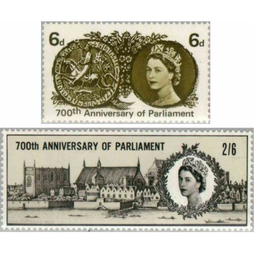 2 عدد تمبر هفتصدمین سالگرد پارلمان سیمون دو مونتفورت- انگلیس  1965