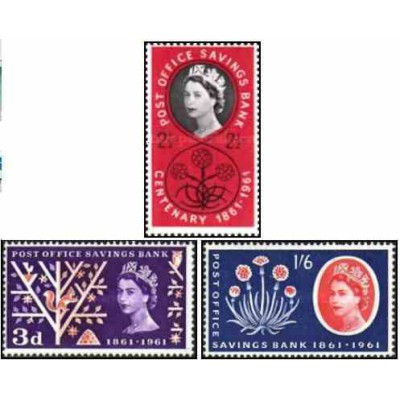 3 عدد تمبر صدمین سالگرد بانک ذخیره اداره پست - انگلیس 1961 یکی از تمبرها شارنیه دارد