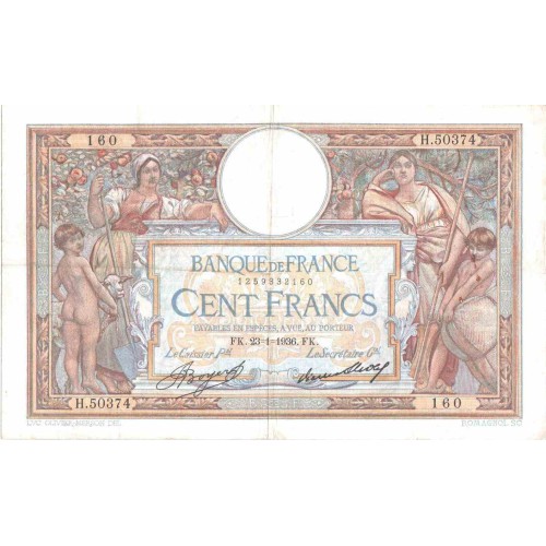اسکناس تابلویی 100 فرانک  - فرانسه 1936 کیفیت مطابق نصویر