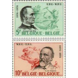 2 عدد تمبر صدمین سالگرد اتحادیه جهانی پست - UPU -  بلژیک 1974