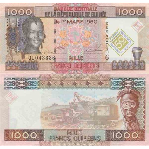 اسکناس 1000 فرانک - یادبود 50مین سالگرد بانک مرکزی و پول گینه - گینه 2010 پرفیکس همسطح ارقام سریال