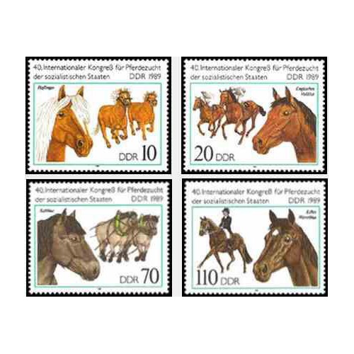 4 عدد تمبر اسبها - چهلمین نمایشگاه بین المللی پرورش دهنگان اسب و کنگره کشورهای سوسیالیست  - جمهوری دموکراتیک آلمان 1989