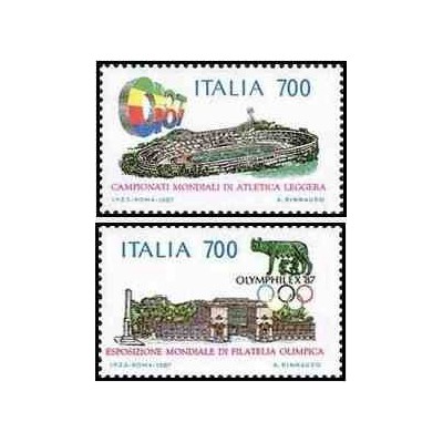 2 عدد تمبر تمثالها و نشانهای ملی - المپیک  - ایتالیا 1987