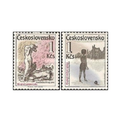 2 عدد  تمبر چهل و پنجمین سالگرد نابودی لیدیسه و لزاکی - چک اسلواکی 1987