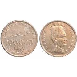 سکه 100000 لیر- یادبود 75مین سالگرد جمهوری - آتاتورک- ترکیه 2000 غیر بانکی