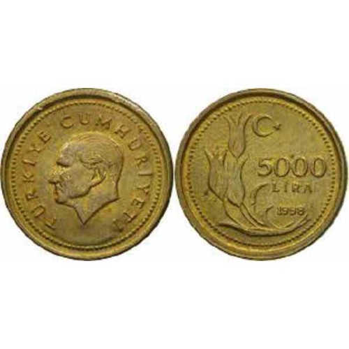 سکه 5000 لیر - برنج - ترکیه 1998 غیر بانکی