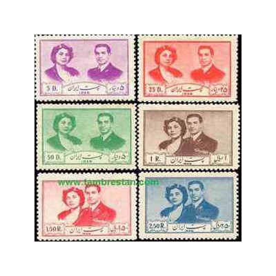 877 - 6 عدد تمبر عروسی محمد رضا شاه و ثریا اسفندیاری 1329 تک