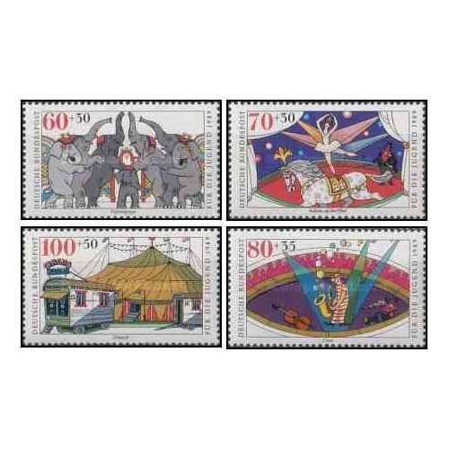 4 عدد تمبر خوابگاه جوانان - سیرک - جمهوری فدرال آلمان 1989 قیمت 13 دلار