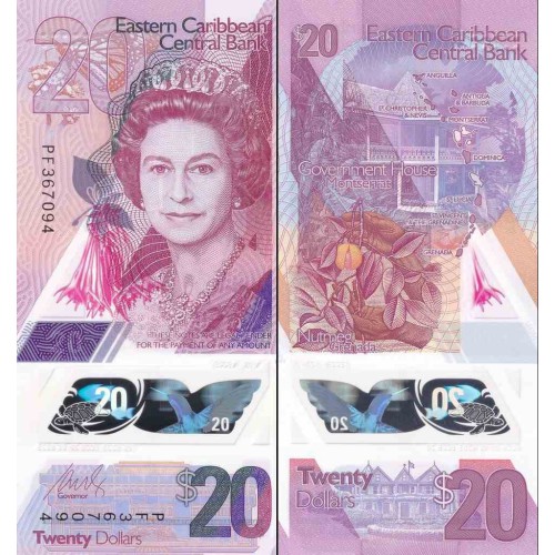 اسکناس پلیمر 20 دلار - تصویر ملکه الیزابت دوم - کارائیب شرقی 2019