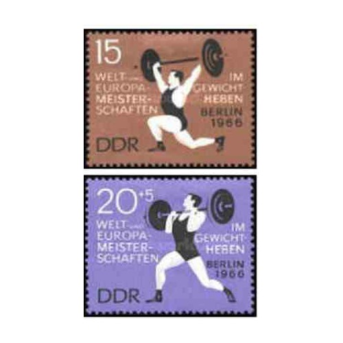 2 عدد تمبر قهرمانان وزنه برداری اروپا - جمهوری دموکراتیک آلمان 1966