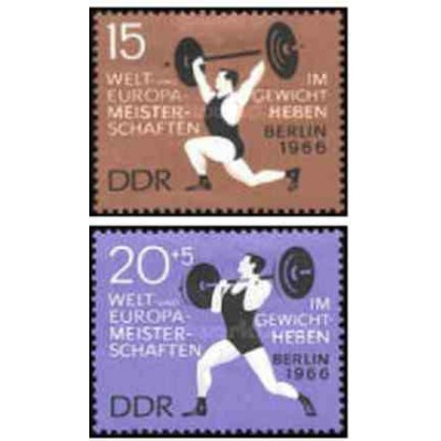 2 عدد تمبر قهرمانان وزنه برداری اروپا - جمهوری دموکراتیک آلمان 1966