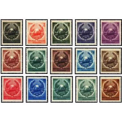 15 عدد تمبر سری پستی نشانهای ملی - رومانی 1950 بعضا با شارنیه