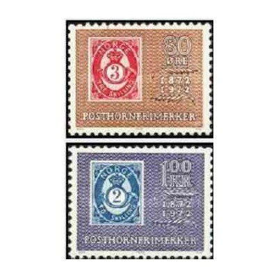 2 عدد تمبر صدمین سال چاپ اولین تمبر با نشان شیپور - Posthorn - نروژ 1972
