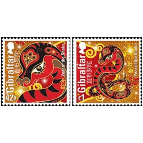 2 عدد تمبر سال نو چینی - سال مار - جبل الطارق 2013 ارزش روی تمبرها 1.42 پوند
