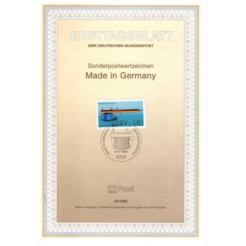 برگه اولین روز انتشار تمبر صدمین سالگرد نامگذاری "ساخت آلمان" - جمهوری فدرال آلمان 1988