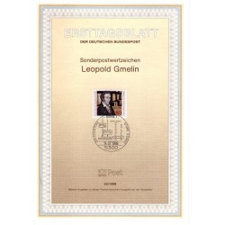 برگه اولین روز انتشار تمبر دویستمین سالگرد تولد لئوپولد گملین، شیمیدان - جمهوری فدرال آلمان 1988