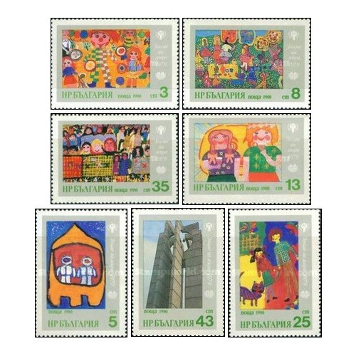 7 عدد  تمبر نقاشیهای کودکان - مجمع بین المللی کودکان -بنر صلح - بلغارستان 1980