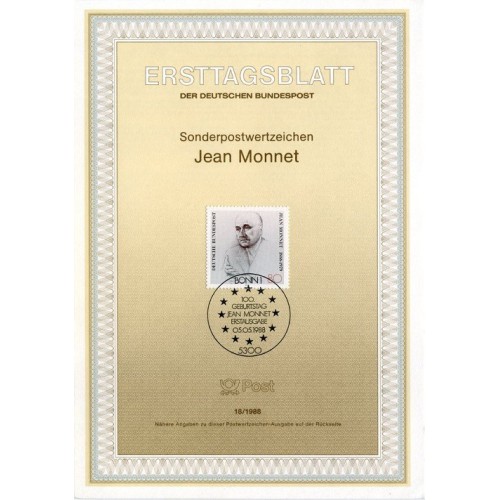 برگه اولین روز انتشار تمبر صدمین سالگرد تولد ژان مونه، سیاستمدار - جمهوری فدرال آلمان 1988