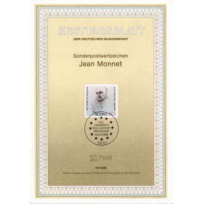 برگه اولین روز انتشار تمبر صدمین سالگرد تولد ژان مونه، سیاستمدار - جمهوری فدرال آلمان 1988