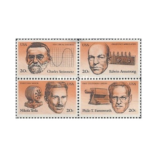 4 عدد  تمبر مخترعین آمریکائی - تسلا، آرمسترونگ ،فارن ورث، اشتین متز  - آمریکا 1983