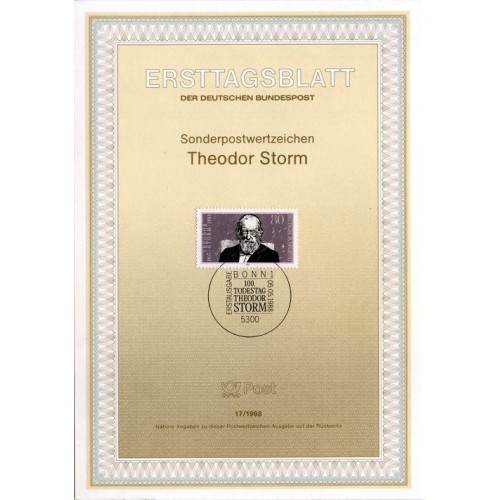 برگه اولین روز انتشار تمبر صدمین سالگرد مرگ تئودور استورم، شاعر  - جمهوری فدرال آلمان 1988