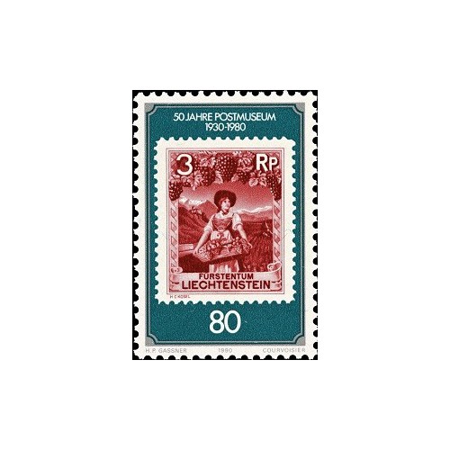 1 عدد  تمبر پنجاهمین سالگرد موزه پست وادوز- لیختنشتاین 1980
