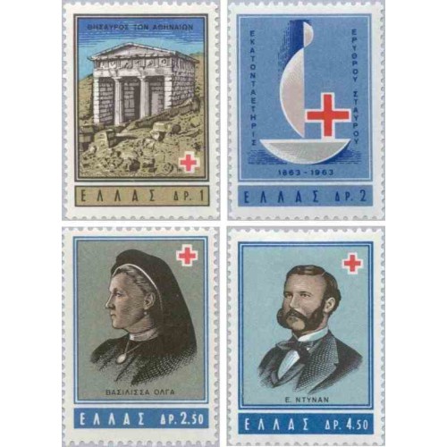 4 عدد تمبر صدمین سالگرد صلیب سرخ - یونان 1963