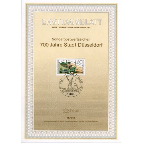 برگه اولین روز انتشار تمبر هفتصد و پنجاهمین سالگرد دوسلدورف - جمهوری فدرال آلمان 1988