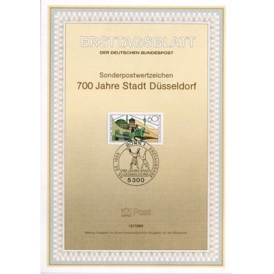 برگه اولین روز انتشار تمبر هفتصد و پنجاهمین سالگرد دوسلدورف - جمهوری فدرال آلمان 1988
