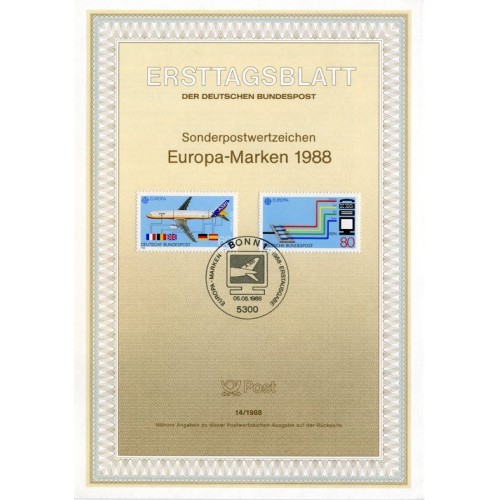 برگه اولین روز انتشار تمبر تمبرهای اروپا - حمل و نقل و ارتباطات - جمهوری فدرال آلمان 1988