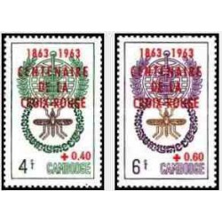 2 عدد تمبر صدمین سالگرد صلیب سرخ - سورشارژ روی تمبر ریشه کنی مالاریا - کامبوج 1963
