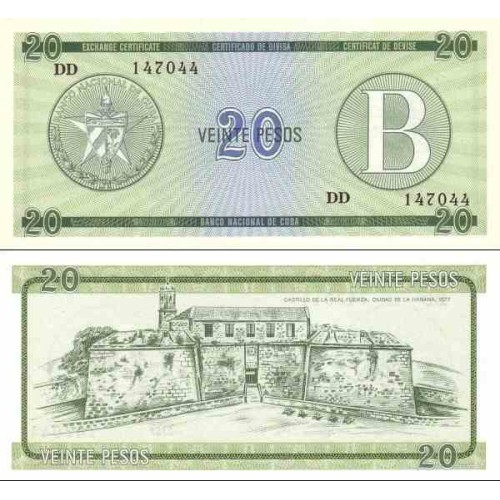 اسکناس 20 پزو سری B- کوبا 1985 برای کشورهای سرمایه داری نرخ تبادل 1 پزو برابر 1 دلار آمریکا