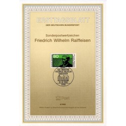 برگه اولین روز انتشار تمبر صدمین سالگرد درگذشت فردریش ویلهلم رایفایزن، بنیانگذار بانک پس انداز - جمهوری فدرال آلمان 1988