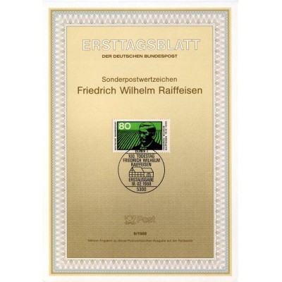 برگه اولین روز انتشار تمبر صدمین سالگرد درگذشت فردریش ویلهلم رایفایزن، بنیانگذار بانک پس انداز - جمهوری فدرال آلمان 1988