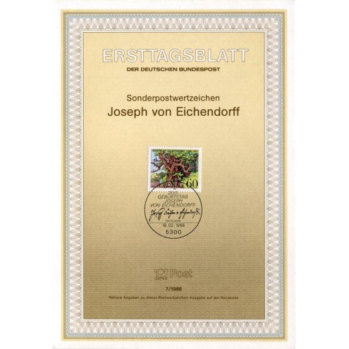 برگه اولین روز انتشار تمبر دویستمین سالگرد تولد ژوزف فون آیشندورف، شاعر - جمهوری فدرال آلمان 1988