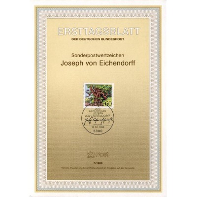 برگه اولین روز انتشار تمبر دویستمین سالگرد تولد ژوزف فون آیشندورف، شاعر - جمهوری فدرال آلمان 1988